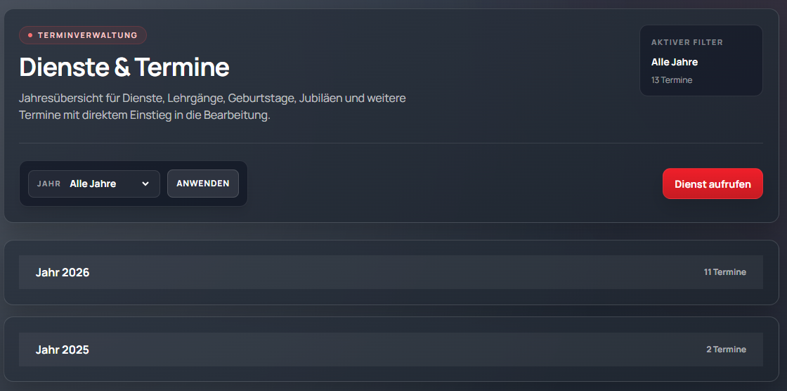 Dienstübersicht im Feuerwehr CMS