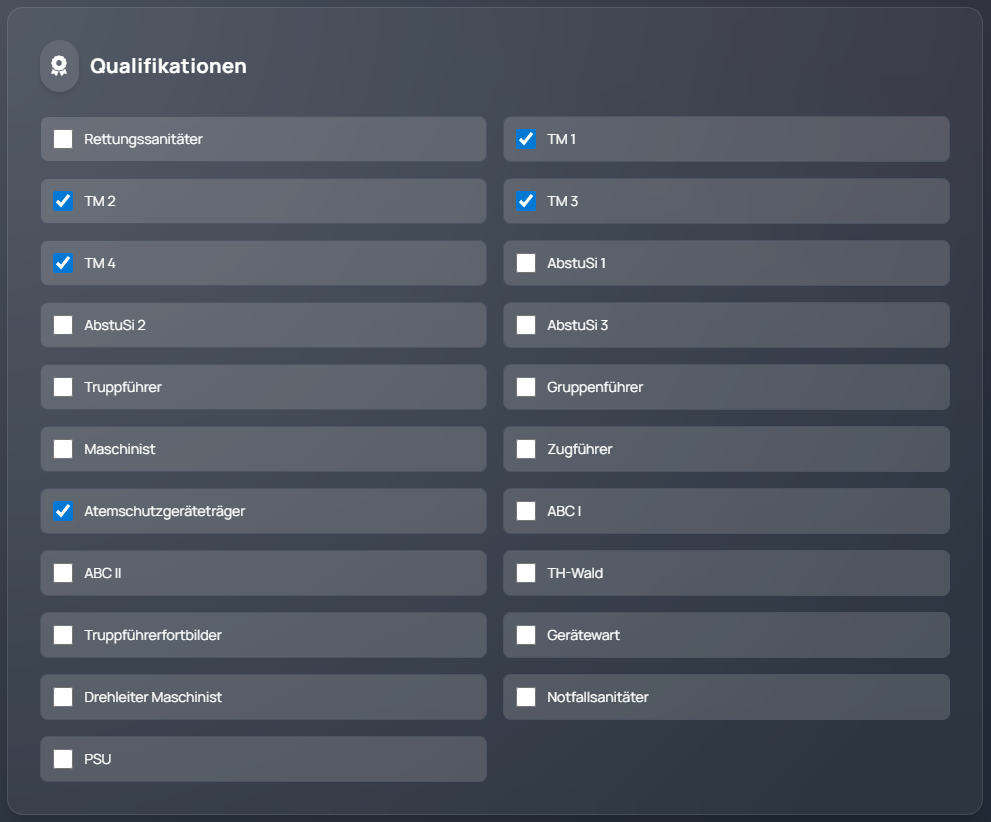 Qualifikationsansicht eines Mitglieds im Feuerwehr CMS