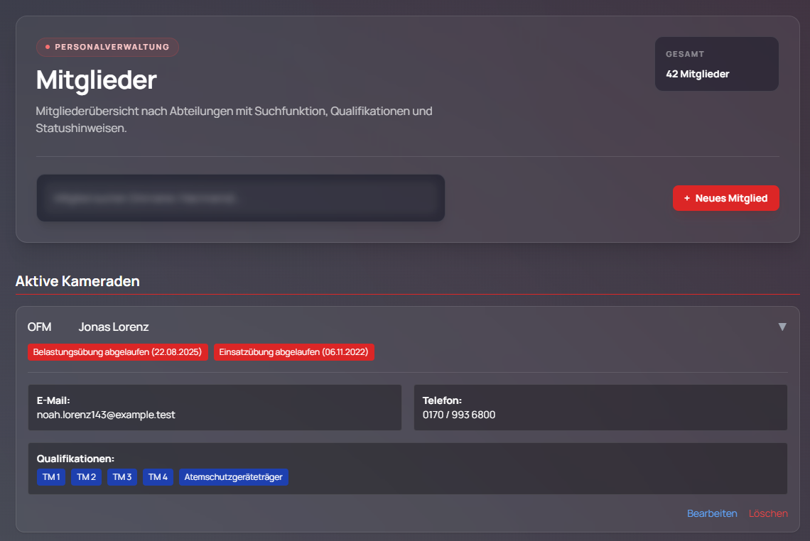 Mitgliederübersicht im Feuerwehr CMS